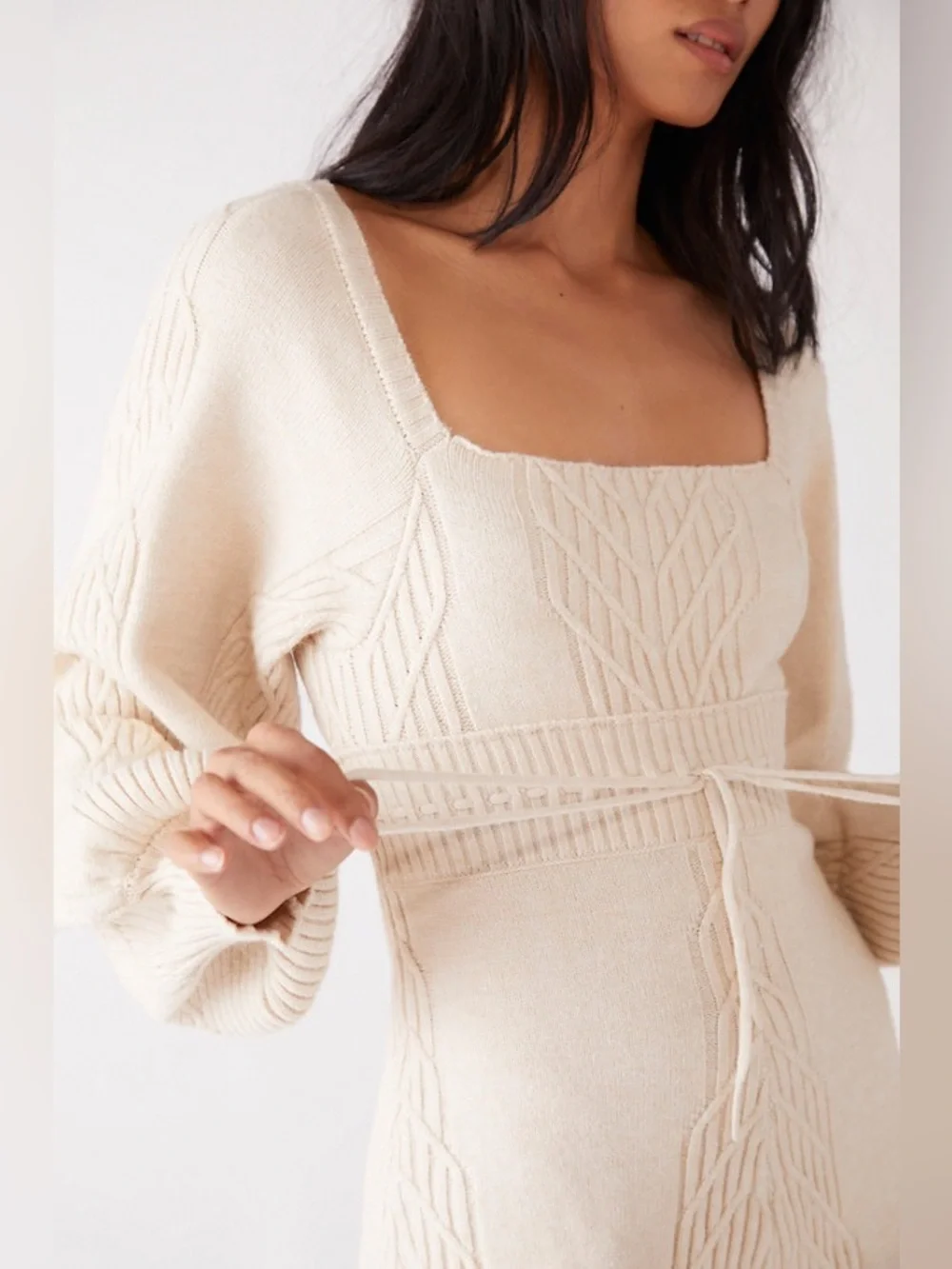 Free People Emmaline Mini Sweater Dress in Ivory Cream L Large Bishop Sleeve